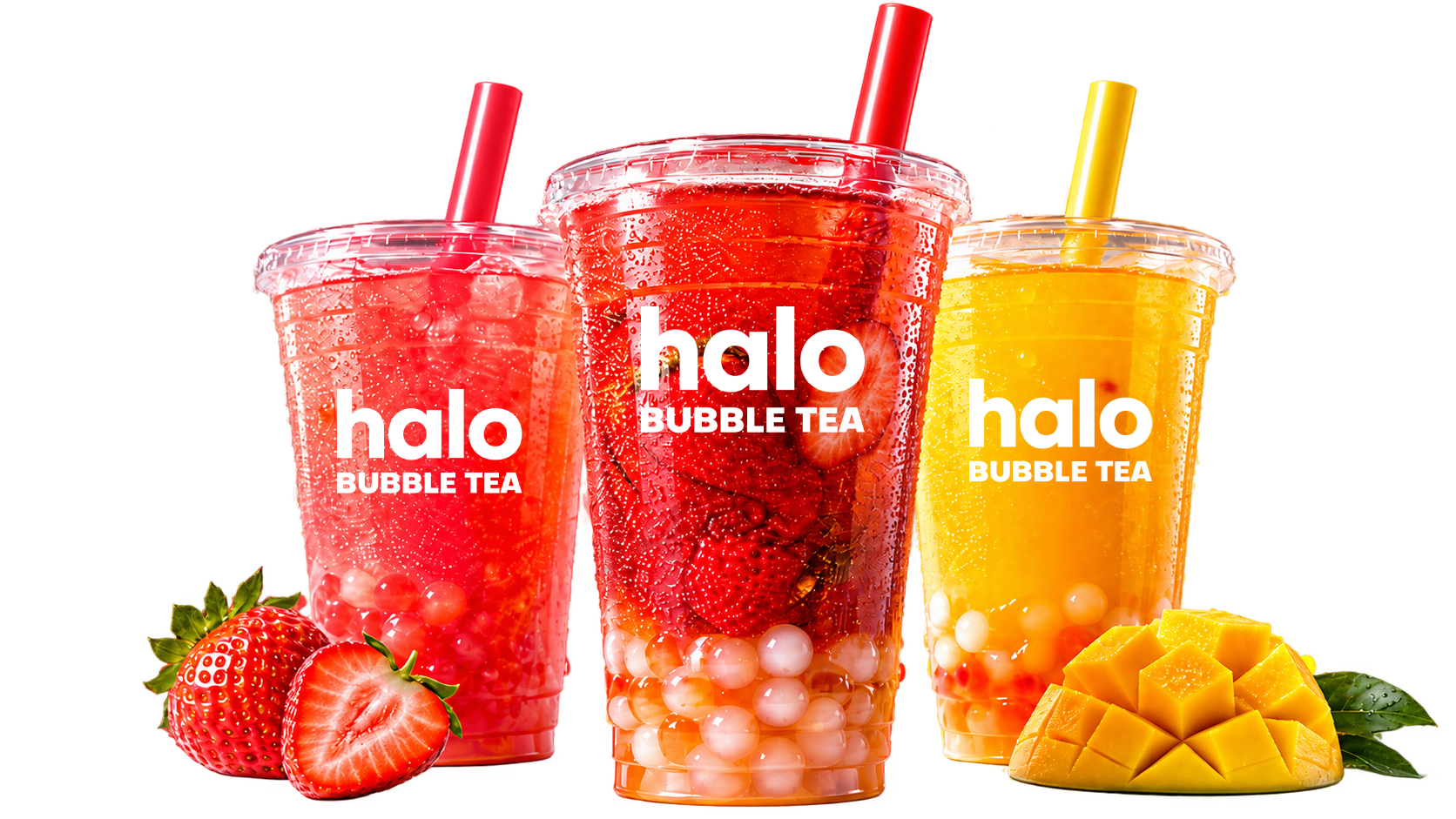 Tři bubble tea nápoje halo BUBBLE TEA — jahoda a mango
